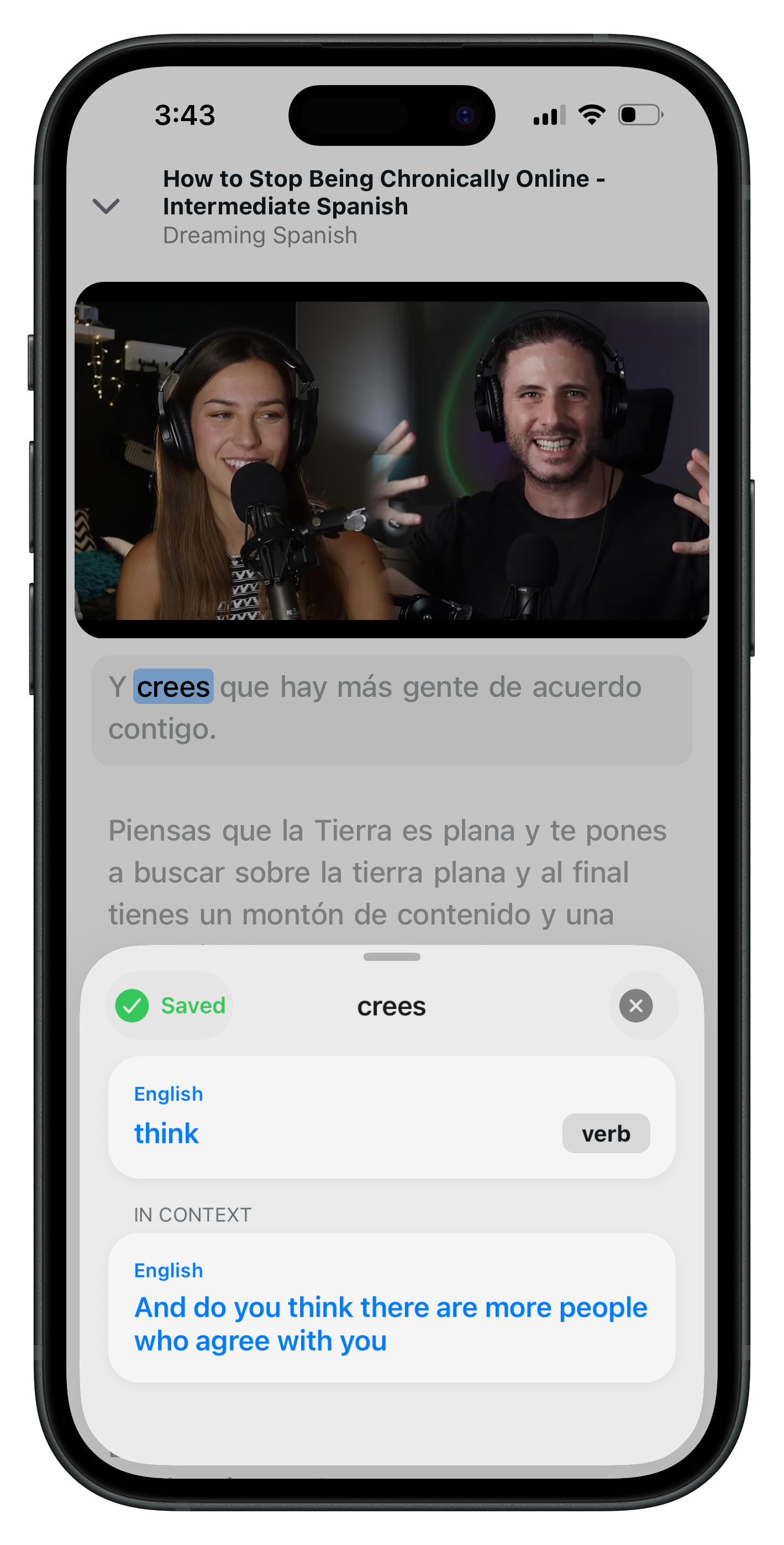 Bilingual app on iPhone showing interactive language learning